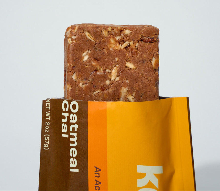 A Kailo Oatmeal Chai bar broken open to show the texture